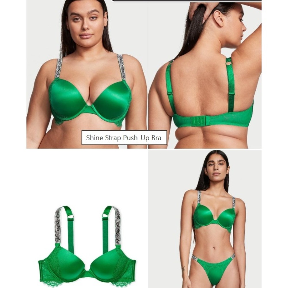 Victoria's Secret Very Sexy Shine Strap Push-Up Bra Size 34D Green Lace Trim